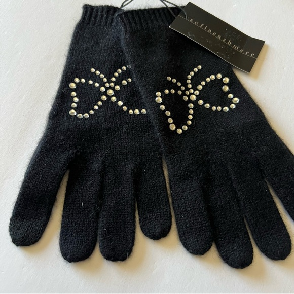 SOFIA CASHMERE SILVER CRYSTAL STUD EMBELLISHED CASHMERE GLOVES BLACK OS NWT